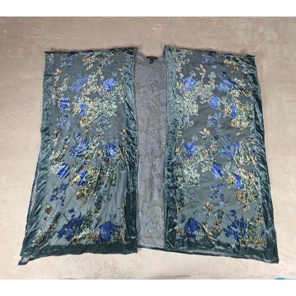 Torrid Size 1/2 Green Blue Open Front Duster Poncho Floral Velvet Burnout Print - Picture 1 of 10